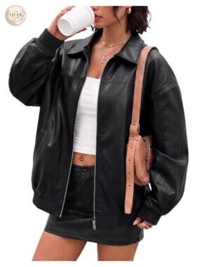 Faux Leather Oversized Zip Up Bomber Jacket Womens Fall Coat